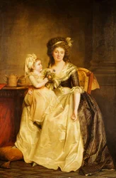 Portrait of a Lady, seated full-length by a table, with her daughter, holding a posey of flowers