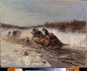 Shrovetide. A man and a woman singing and smiling in a sleigh. They celebrate the period before the beginning of Lent, during which rich food is eaten. Painting by Rudolf Ferdinandovich Frenz (1831-1918)