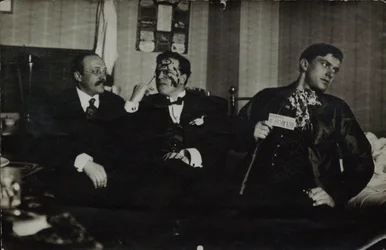 Vladimir Mayakovsky (right) with David Burlyuk (center) and Andrei Shemshurin, 1914, Moscow