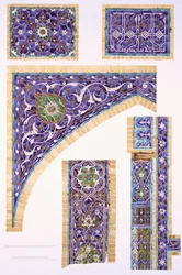 Decorative Tilework in Blue, Green and Cream with Gold Outlines