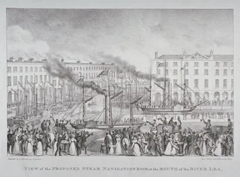 View of the proposed steam navigation dock at the mouth of the River Lea, c.1835