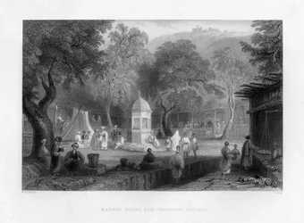 A market scene and a fountain in Antioch, Turkey, 1841
