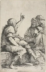 A Bearded Old Man Seated on a Rock and Making a Hortatory Gesture Toward Three Men Opposite Him, from Figurine Series