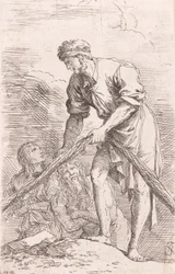 A man pulling a net with two figures behind him, from the series 