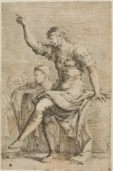 A warrior sits on a block and gestures; two figures are behind him, from Figurine series