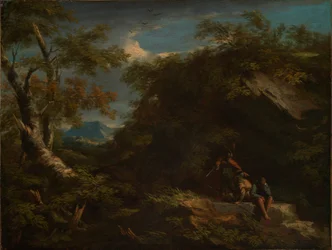 Mountainous forest landscape with resting warriors