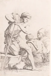Two men sitting and another man holding a staff kneeling on a rock, from the series, ca. 1656-1657