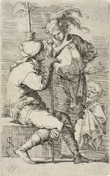 Two Warriors, One Holding a Sword, the Other a Halberd; An Old Bearded Man Behind Them, from Figurine