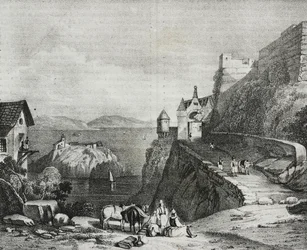 Castle of Parga, Albania, lithograph by Salvatore Puglia from Poliorama Pittoresco