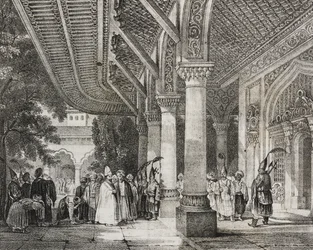 Entrance hall of Serraglio, Turkey, from story harem in East, lithograph from Poliorama Pittoresco