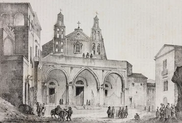 Facade of Cathedral of Sessa Aurunca, Campania, Italy. Lithograph by Salvatore Puglia after drawing by Pasquale Mattei from Poliorama Pittoresco