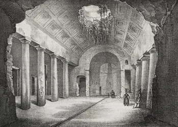 Hall in ancient villa of Prince of Caposele in Formia, Lazio, Italy. Lithograph by Salvatore Puglia from Poliorama Pittoresco
