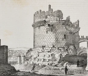 Mausoleum of Cecilia Metella on Via Appia, Rome, Lazio, Italy, lithograph by Salvatore Puglia from Poliorama Pittoresco, n 20, December 21