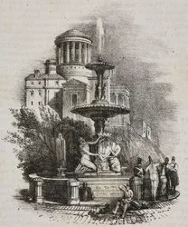 Prado fountain, Madrid, Spain. Lithograph by Salvatore Puglia from Poliorama Pittoresco