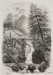 Suspension bridge over the Pyrenees mountains, Spain. Lithograph by Salvatore Puglia from Poliorama Pittoresco