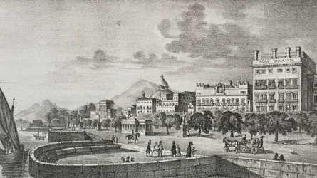 View of Bourbon Forum and Trinacria Hotel, Palermo, Sicily, Italy (lithograph)