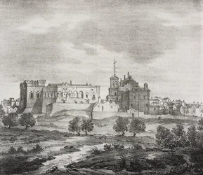 West view of Mesagne, Apulia, Italy. Lithograph by Salvatore Puglia from Poliorama Pittoresco