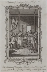 The Abbess of Coldingham Monastery cutting off her nose and upper lip as an example for her nuns to follow, to prevent being ravished by the Danes