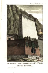 Dwelling of Tessaling Lama with the Religious Edifice Called Kugopea. Illustration by Lieutenant Samuel Davis from Captain Samuel Turner (1759-1802) Account of an Embassy to the Court of the Teshoo Lama in Tibet 1800. Copperplate Engraving by Dell