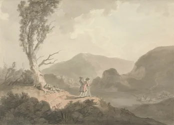 Two Men with Telescope Looking Across A River