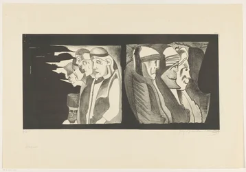 Two groups of figures with their backs to each other