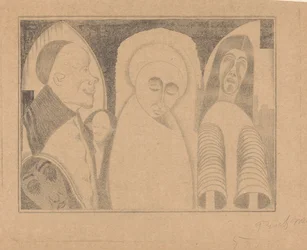 Fantasy: Various Figures, the Rightmost with Sleeves Like Tubes