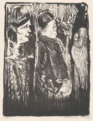 Fantasy: Two Figures with Hats on the Left, an Engraved Appearance with Feathered Cloak on the Right