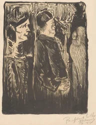 Fantasy: Two Figures with Hats on the Left, Scratched Appearance with Feathered Cloak on the Right