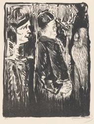 Fantasy: Two Figures with Hats on the Left, Scratched Appearance with Feather Garment on the Right