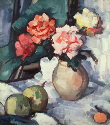 Mixed Roses in a Brown Vase with a Cup, Saucer and Apples
