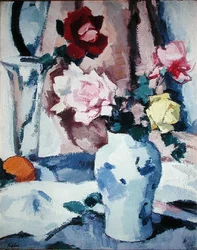 Roses in a Blue and White Vase