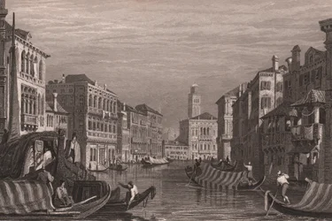 Gondolas on Grand Canal, Venice, Italy, steel engraving after drawing by Samuel Prout