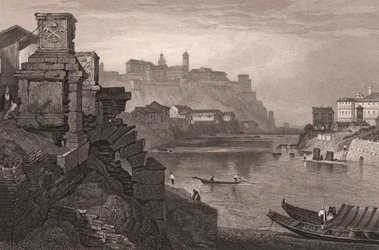 The Tiber river with Mount Aventine in the background, Rome, Italy, steel engraving from drawing by Samuel Prout