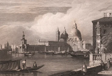 View of Grand Canal with Punta della Dogana and Basilica di Santa Maria della Salute in background, Venice, Veneto, Italy, steel engraving after drawing by Samuel Prout