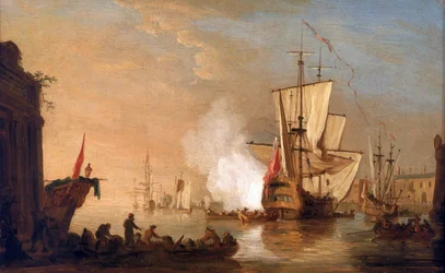 British warship firing the cannon to greet, upon arrival in port