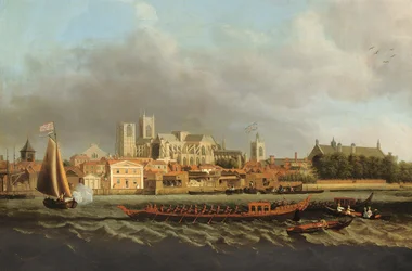 View of Westminster from Lambeth with a Royal Barge in the Foreground