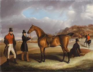 Lord George Bentinck with His Favourite Hunter and Grooms in a Landscape with a Hunt Beyond