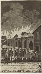 View of the temporary bridge of London as it appeared on fire on the night of 11 April 1758