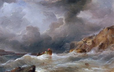 A Boat Sank on a Rocky Coast, with the Lifeboat Full of Survivors