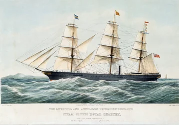 A Royal Clipper from the Australia and Liverpool Shipping Company. Hand Colored Lithograph, circa 1856 by Samuel Walters