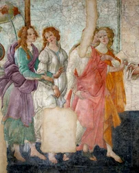 Venus and the Graces offering presents to a young woman, detail of a scene representing the Graces. Fresco of Villa Lemmi