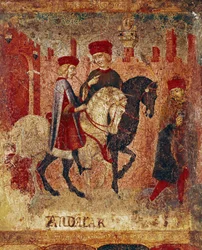 Detail (tax inspectors). Wood painting by Sano di Pietro (1406-1481) decorating a Biccherna (cover of the accounting register of the city of Siena) 15th century