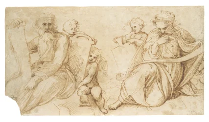 Two Prophets with Scrolls Seated with Putti Holding Tablets