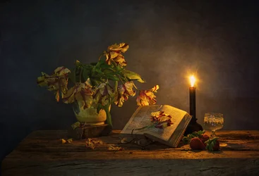 Candlelit Book and Flowers