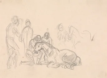 Two Figures Kneeling Beside a Horse