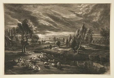 Shepherd and Sheep at Sunset