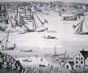 View of the East River, New York c.1750 with a ship-building centre