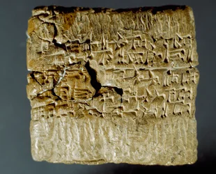 Assyrian civilization: engraved box of cuneiform characters concerning the production of two silver mines. Istanbul, Archeological Museum