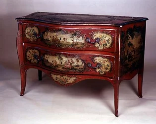 Painted commode with figures in a landscape and flower sprays