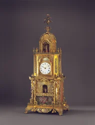 A very rare ormolu, paste-inset musical automaton table clock, probably Guangzhou, c.1790